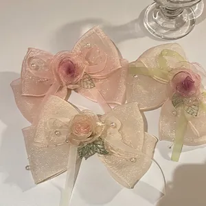 Elegant Organza Flower Bow Hair Clip Oversized Mesh Ribbon Streamers Spring Clip Ethereal Artificial Pearl Hairpin Women Accessories