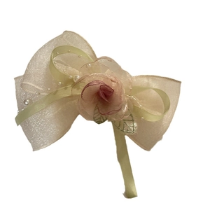 Pink mesh bow hair clip with organza flower and pearls for a forest style aesthetic