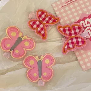 Sweet Embroidered Butterfly Hair Clip For Girls Cute Fabric Duckbill Clip Plaid Polka Dot Pink Hair Accessories For Women Kids