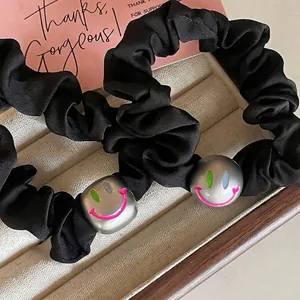 Black Satin Scrunchies With Smiley Face Bead Decorative Elastic Hair Band Fashion Headwear Daily Accessories For Women