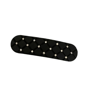 Quilted black matte hair clip with silver rhinestones in a sleek oval shape