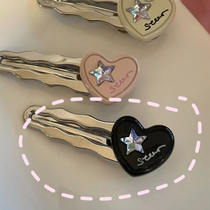 Barrettes à cheveux en cœur rose et noir avec métal argenté ondulé et strass en forme d'étoile