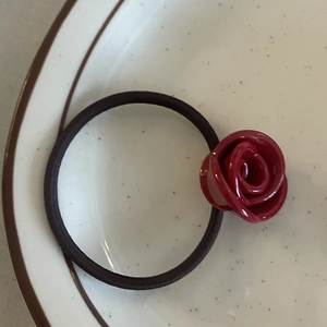 Elegant red acetate rose flower hair tie with high elasticity black rubber band for women