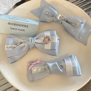 Light Blue Satin Bow Hair Clip Heart Rhinestone Imitation Artificial Pearl Star Pendant Sweet Hair Accessory For Women Girls