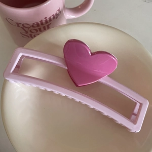 Pince à cheveux cœur de 13 cm style Dopamine en résine rose pour cheveux épais et chignons