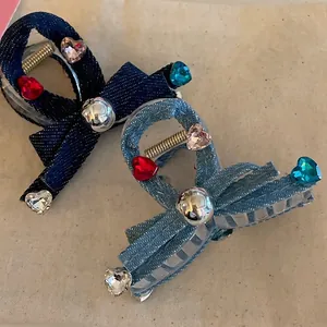 Sweet Cool Denim Bow Hair Claw Clip For Women Rhinestone Heart Decoration Denim Fabric Shark Clip Fashion Hair Accessories