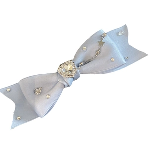 Sweet light blue handmade ribbon bow hair clip with heart rhinestone and star charm