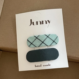 Floral fabric oval hair clips set in green plaid and dark grey for little girls