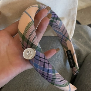 Sweet plaid headband with cartoon bear button in pink, blue, green, and purple colors