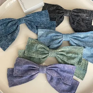 Oversized Denim Bow Hair Clip For Women Handmade Fabric Bowknot Hair Accessories Vintage Washed Blue Hairpin Headdress