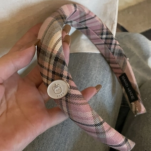 Pink plaid headband with handmade label and metal button for high cranial top hair style