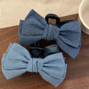Vintage Denim Bow Hair Claw Clip Large Fabric Shark Clip Fashion Elegant Commuter Daily Hair Accessory For Women