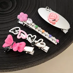 Sweet Cool Style Metal Hair Clips For Women Niche Design Heart Bow Flower Rhinestone Resin Duckbill Clip Hair Accessories