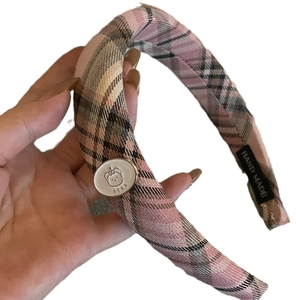 Pink plaid headband with woven texture and a cute bear metal badge for a sweet girl style