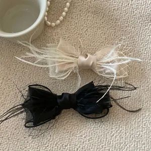 French Vintage Bowknot Hair Clip With Elegant Feathers And Mesh Design Retro Duckbill Clip Hair Accessories For Women Party