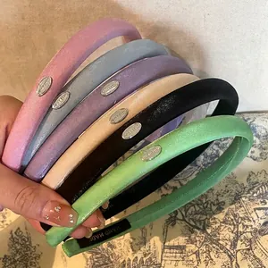 Vintage Satin Padded Headband For Women Solid Color Retro Thick Hairband With Metal Label Elegant Headwear Accessory