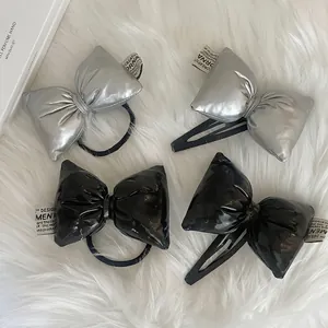Fashion Bow Hair Clip And Bow Hair Tie For Women Metallic Silver Black Fabric 3D Stuffed Bowknot Hairpin Elastic Hair Band Commute Accessory