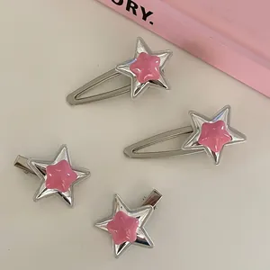 Y2K Dopamine Style Silver Metal Star Duckbill Clip For Women Pink Star Side Fringe Clip Trendy Hair Accessory Headwear