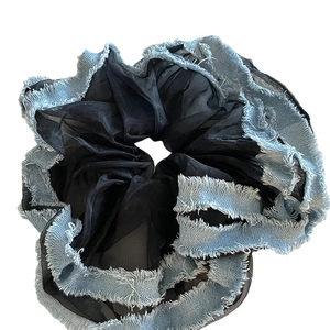 Blue denim and black mesh organza scrunchie with raw edge detail for high ponytail