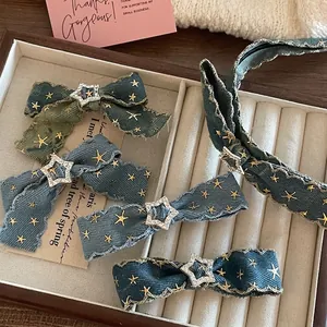 Vintage Denim Blue Bow Hair Clip For Women Sweet Star Distressed Bowknot Duckbill Clip Rhinestone Hairband Hair Accessories