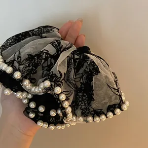 Vintage Large Net Yarn Velvet Scrunchie With Faux Artificial Pearl Edge Floral Embroidered Elastic Hair Ties For Women Hair Jewelry