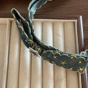 Denim headband featuring golden star embroidery and a crystal heart metal buckle