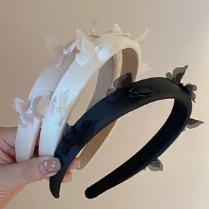 French Vintage Padded Satin Headband With 3D Organza Butterfly Faux Artificial Pearl Rhinestone Elegant Hair Hoop For Women Daily Party