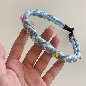 Braided blue wool headband with colorful square rhinestones for high crown styling