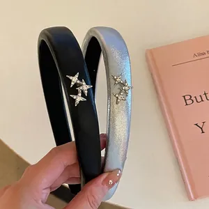 Women PU Leather Thick Headband With Rhinestone Star Decoration Fashion Solid Color High Cranial Top Hair Band Accessories
