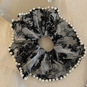 Elegant large floral embroidery hair scrunchie with white pearl trim and lace mesh fabric
