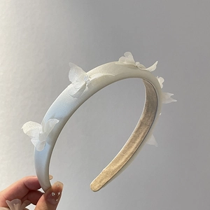 Elegant ivory satin headband with 3D organza butterflies and delicate bead accents