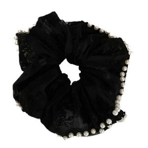 Black large embroidery hair scrunchie with white pearl trim for elegant ponytails