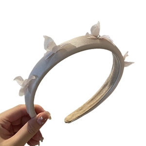 Elegant beige satin headband featuring three 3D tulle butterfly accents for women