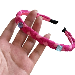 Pink woven fabric headband with sparkling square crystals and flexible design for women