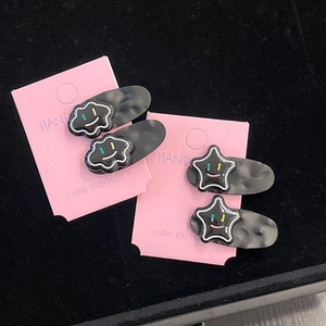 Cute black matte star and cloud smiley face hair clips set with pink display card