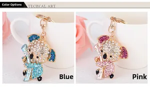 Detail of koala keychains featuring crystal rhinestones in blue and pink finishes