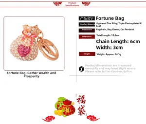Détail du porte-clés sac porte-bonheur en strass roses avec alliage plaqué or