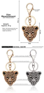 Leopard head keychain size chart with dimensions 11.5cm length and sparkling crystals