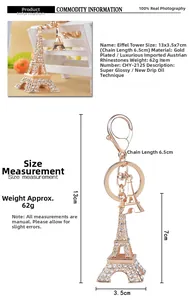 Tableau des tailles détaillé pour porte-clés Tour Eiffel or rose avec strass