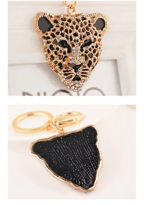 Detail of leopard head keychain with sparkling rhinestones and black enamel accents