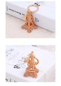 Détails du porte-clés Tour Eiffel avec placage or rose et strass roses brillants