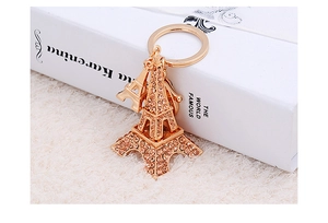Détail du porte-clés Tour Eiffel avec strass roses et finition dorée sur fond de livre blanc
