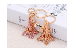 Détail de porte-clés Tour Eiffel en or rose avec cristaux scintillants sur fourrure