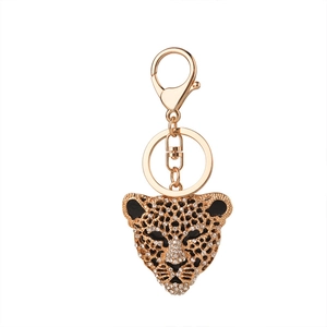 Golden leopard head keychain with sparkling rhinestones and lobster clasp for bags