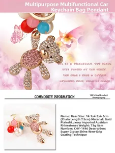 Detail view of crystal balloon bear keychain with gold plating and colorful beads