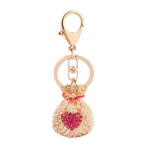 Porte-clés sac de fortune en cristal avec cœur rose et nœud, placage en or rose