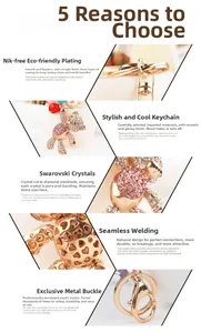Detailed macro view of golden bear keychain with pink crystals and seamless welding