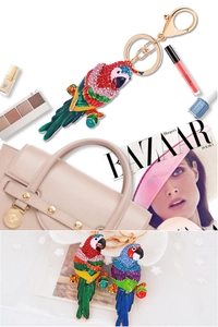 Porte-clés perroquet coloré avec strass et émail sur un fond de magazine de mode élégant