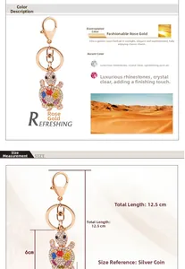 Dettaglio del portachiavi a tartaruga in oro rosa con dimensioni e cristalli colorati