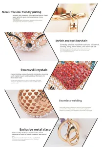 Détails du porte-clés renard avec strass en cristal et perles sur base dorée